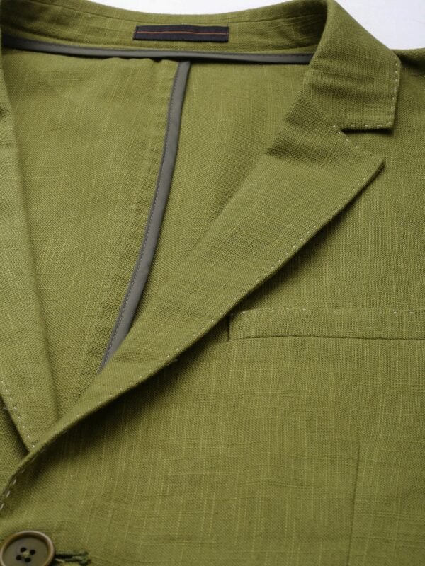 Men Olive Green Single-Breasted Blazer - Image 2
