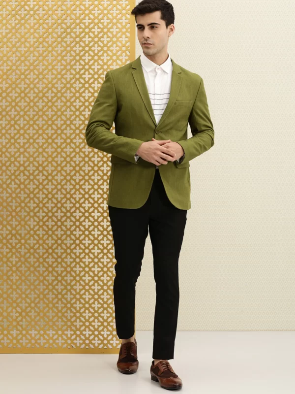 Men Olive Green Single-Breasted Blazer
