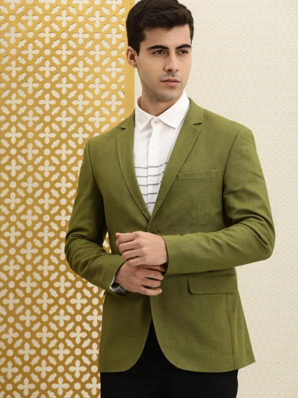 Men Olive Green Single-Breasted Blazer - Image 3